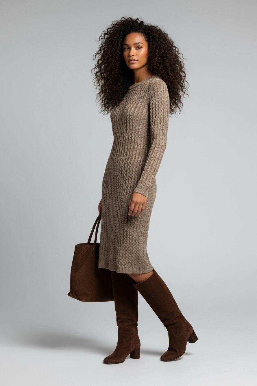 Calvin Klein Taupe Cable Knit Sweater Dress Quiet Luxury Fall M